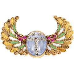 Egyptian Revival Enamel Sapphire Ruby Gold Scarab Brooch 10