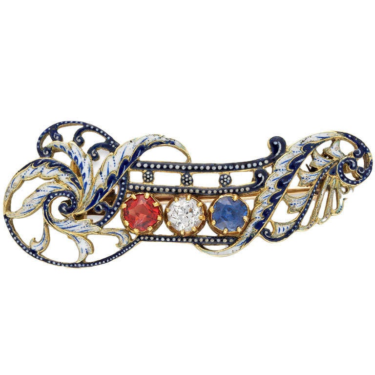 Giuliano Enamel Sapphire Ruby Diamond Gold Brooch For Sale