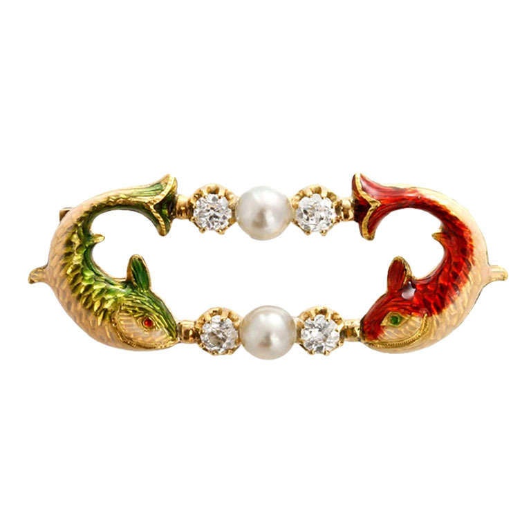 Victorian Phillips Red and Green Enamel Pearl Diamond Gold Fish Brooch