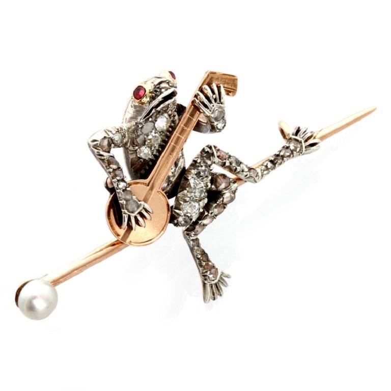 Victorian Diamond Ruby Gold Frog Novelty Bar Brooch In Excellent Condition In London, GB