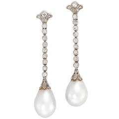 Edwardian Natural Pearl Diamond Platinum Drop Earrings 7