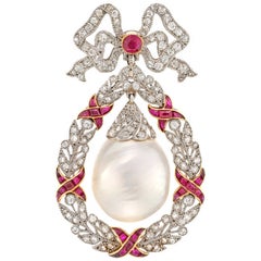 Antique Belle Époque Natural Pearl Ruby Diamond Brooch Platinum Drop Pendant Necklace