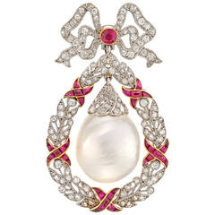 Belle Époque Natural Pearl Ruby Diamond Brooch Platinum Drop Pendant Necklace 4