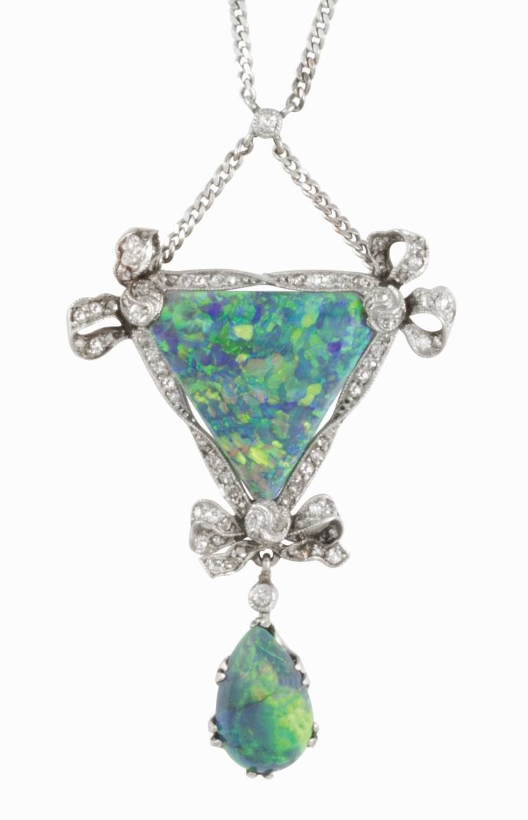 Edwardian Opal Diamond Platinum Drop Pendant Necklace For Sale at 1stDibs