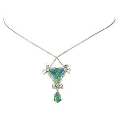Edwardian Opal Diamond Platinum Drop Pendant Necklace 1