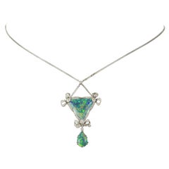 Edwardian Opal Diamond Platinum Drop Pendant Necklace