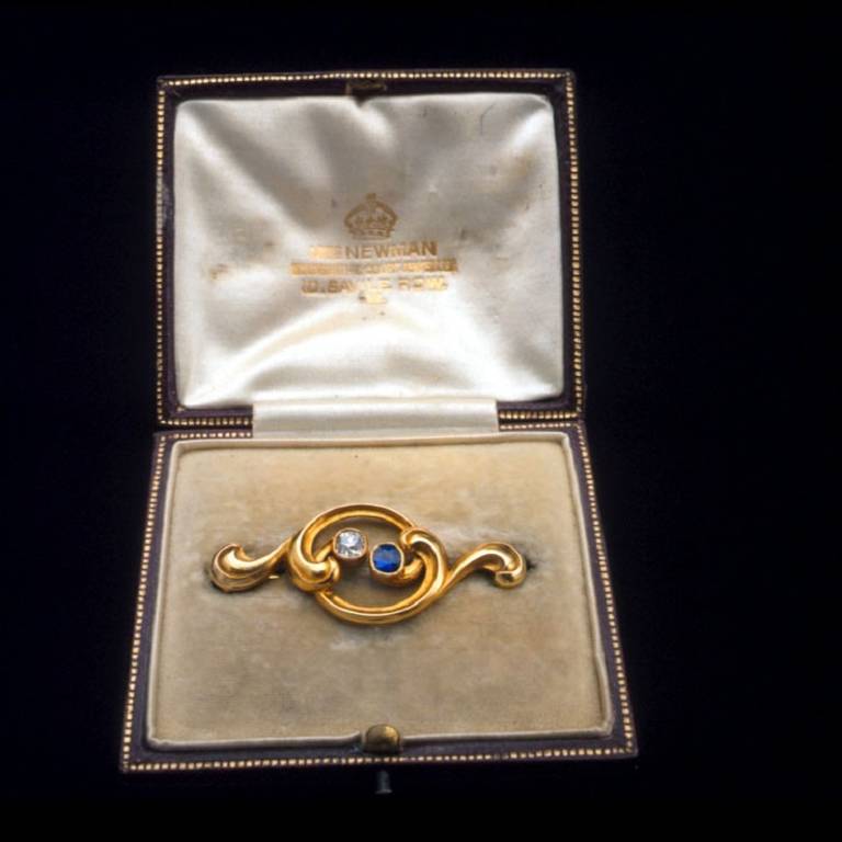 Victorian Faberge Sapphire Diamond Yellow Gold Brooch For Sale