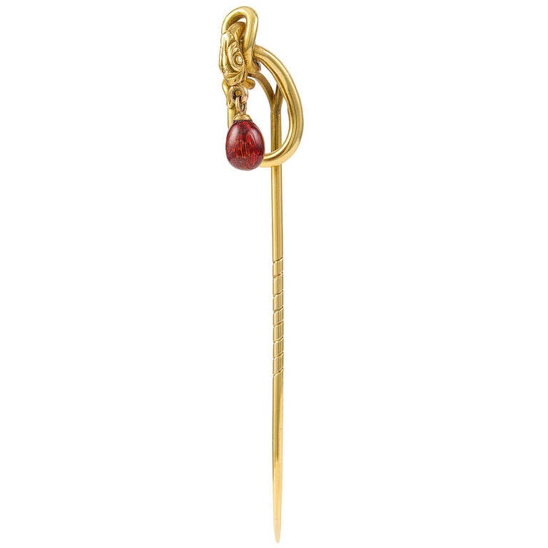 Faberge Raspberry Red Enamel Gold Snake and Miniature Egg Stick Pin Brooch For Sale