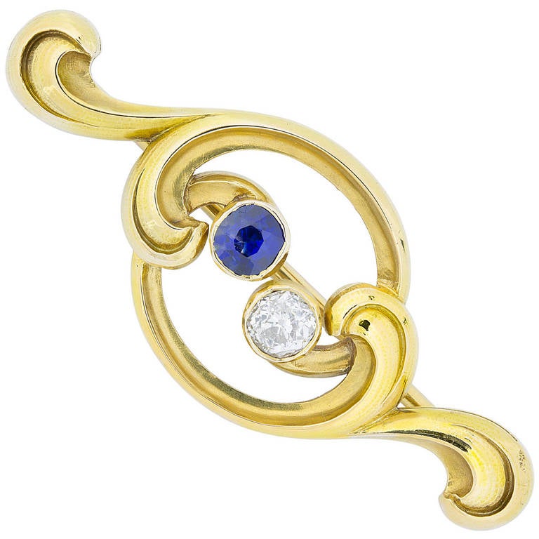 Faberge Sapphire Diamond Yellow Gold Brooch For Sale