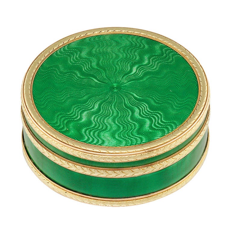 Faberge Circular Green Enamel Silver-Gilt Gold Pill Box