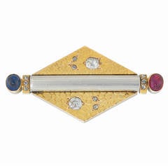 Faberge Ruby Sapphire Diamond Gold Lozenge-Shaped Brooch 12