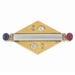 Faberge Ruby Sapphire Diamond Gold Lozenge-Shaped Brooch