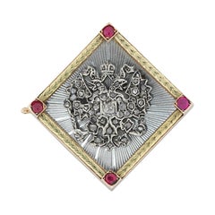 Faberge Enamel Ruby Diamond Gold Brooch