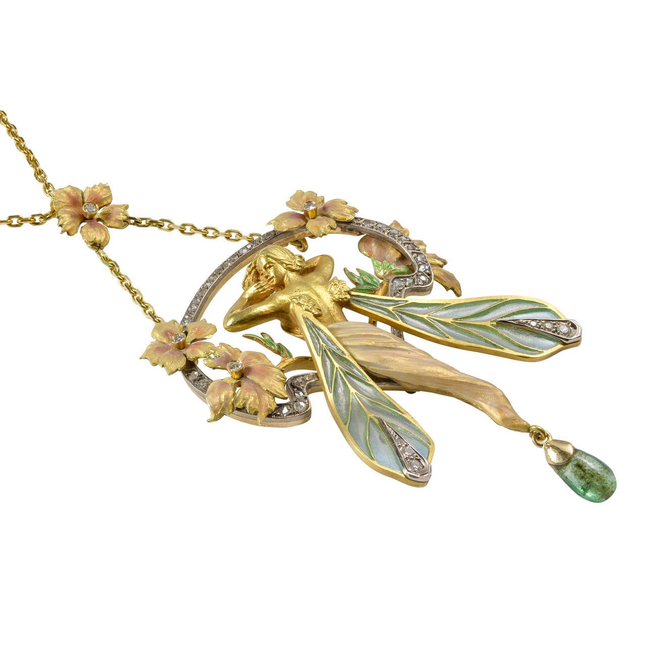 An enamel, emerald and diamond pendant, the pendant designed as a winged nymph framed by floral motifs, applied with pearlescent and plique-à-jour enamel, suspending a polished emerald, accented with circular-, single-cut and rose diamonds, to a