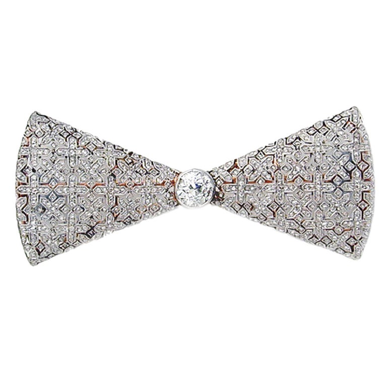 Faberge Diamond Gold Platinum Bow Brooch For Sale