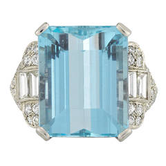 Art Deco Fine Aquamarine Diamond Platinum Ring