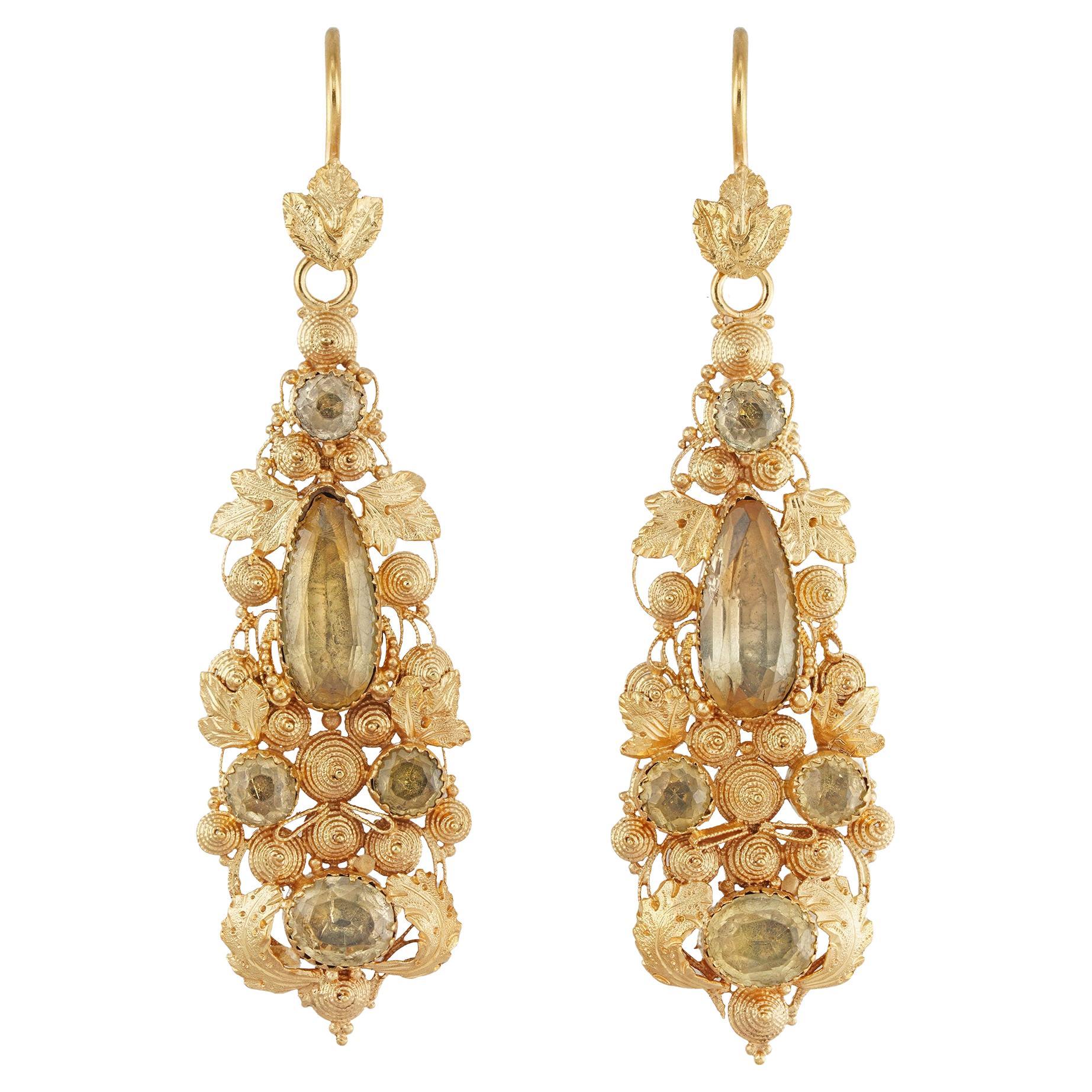 Pair of Regency Yellow Gold and Topaz Cannetille Earrings For Sale