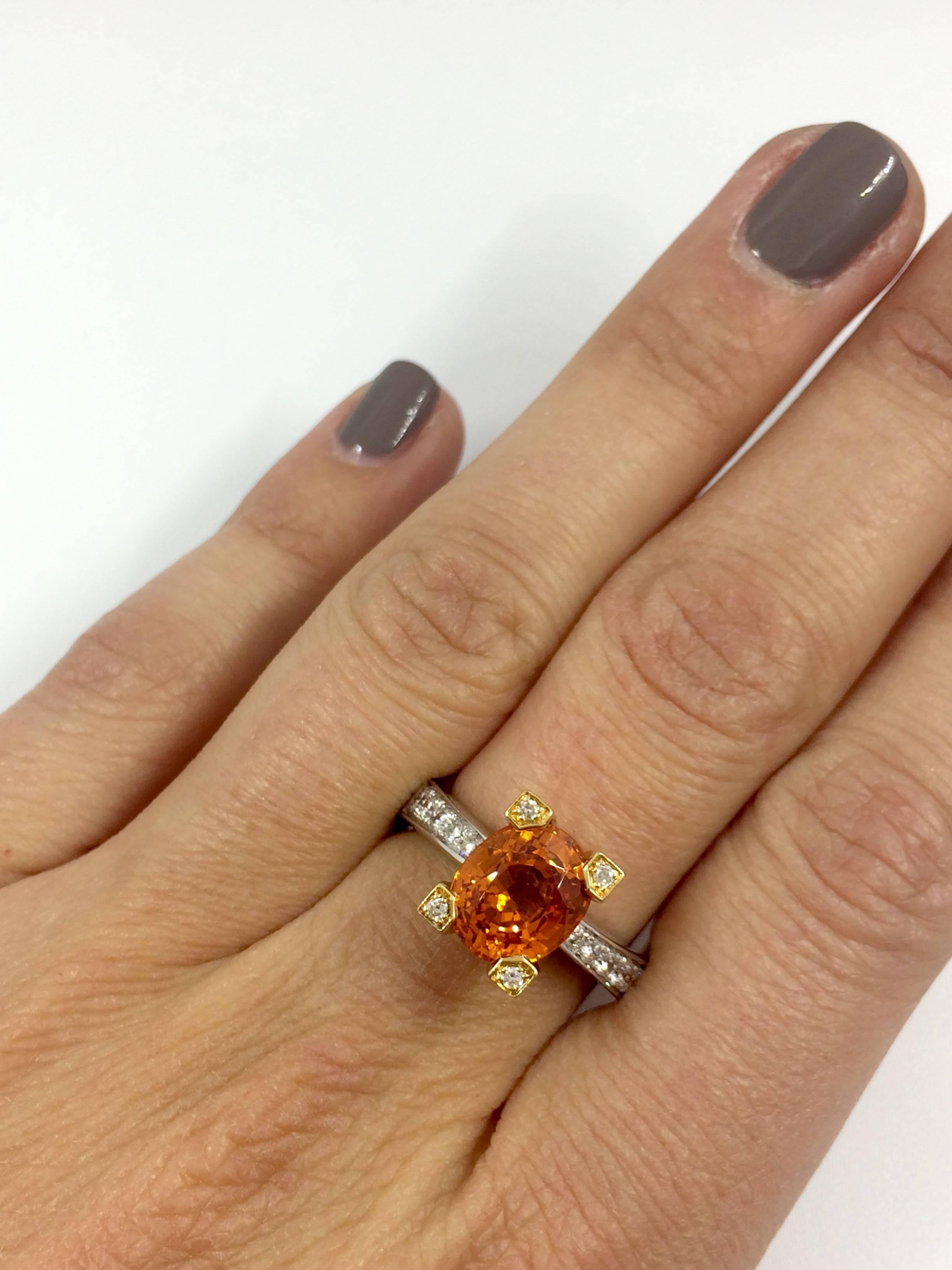 A white and yellow gold ring set in the middle with an orange garnet (spessartite) surrounded by 10 brilliants cut diamonds set on the body's ring.
As well as four brilliant cut diamonds are setted on the claws. 
The ring is entirely