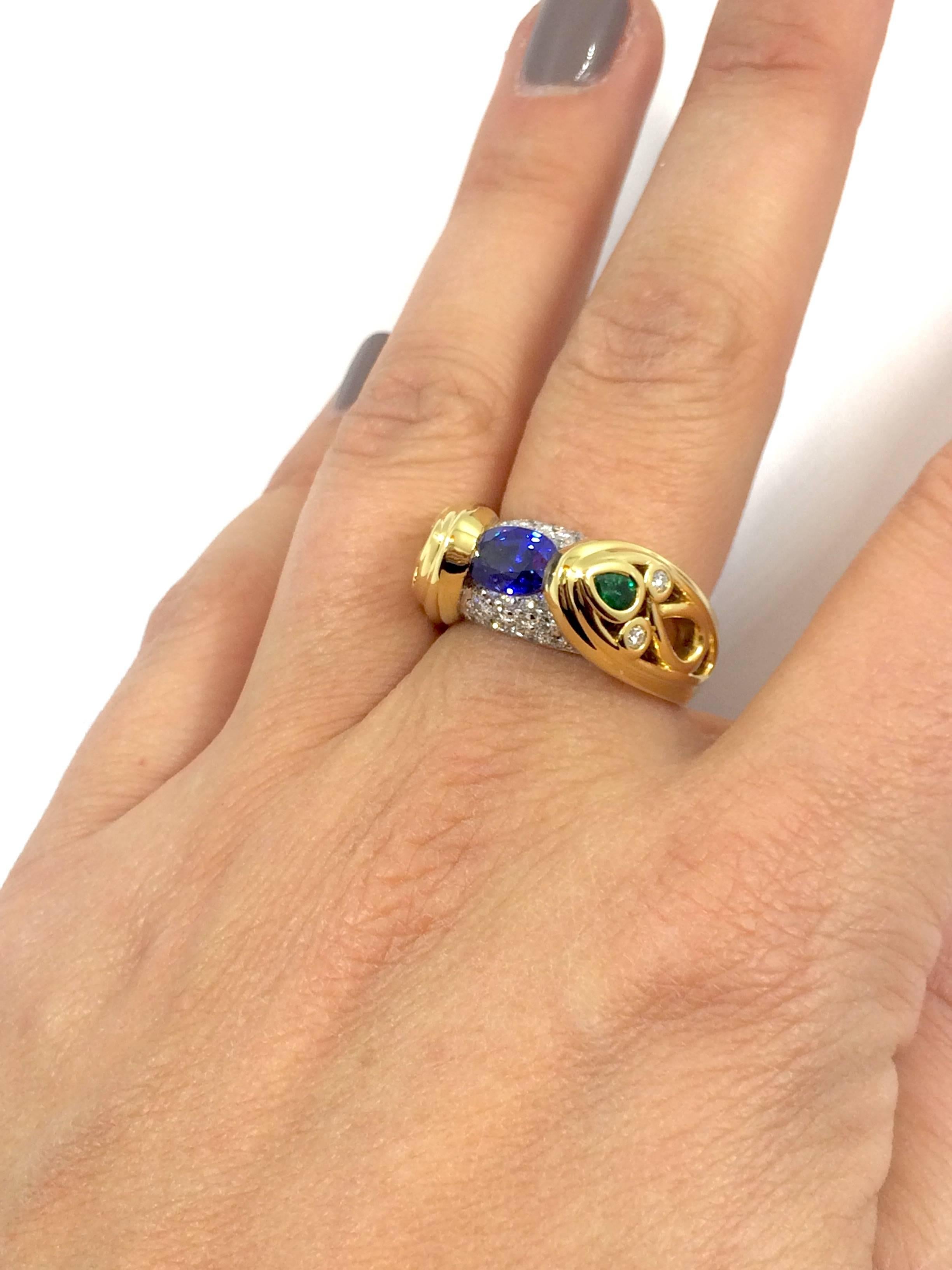 Sapphire Emerald Diamond Cocktail Gold Ring For Sale 1