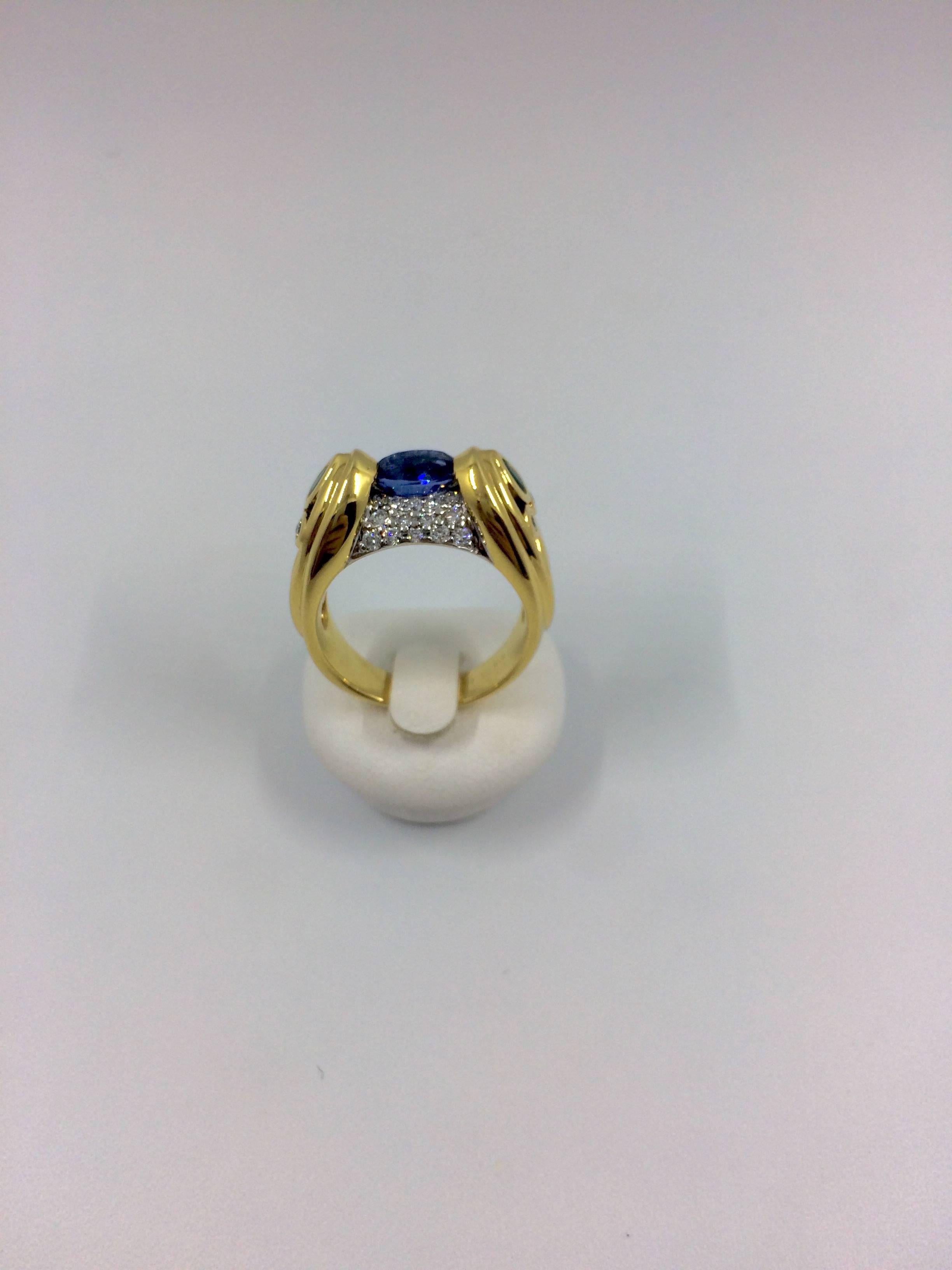 Sapphire Emerald Diamond Cocktail Gold Ring For Sale 4