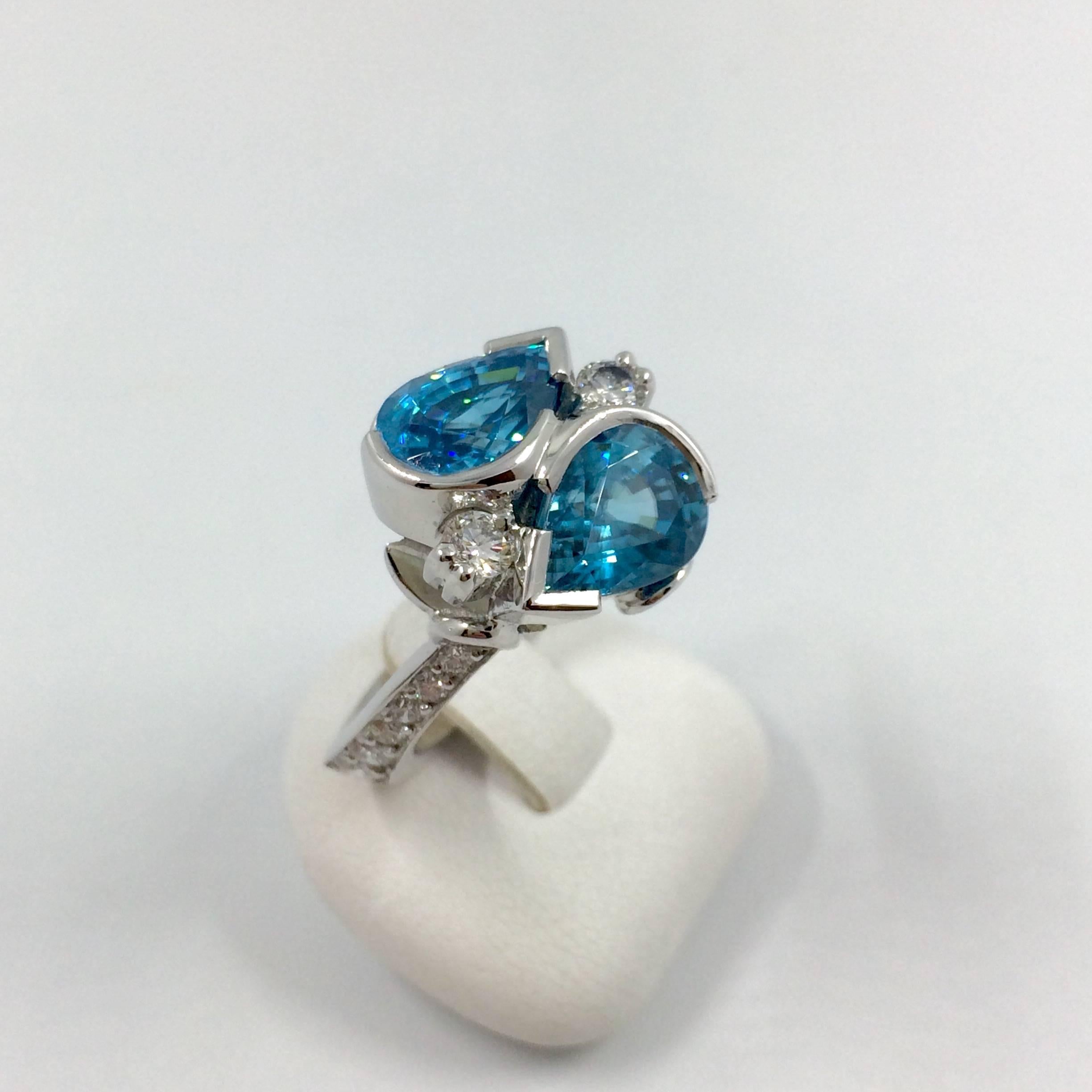 Pear Cut Intense Blue Zircon Diamond Gold Ring