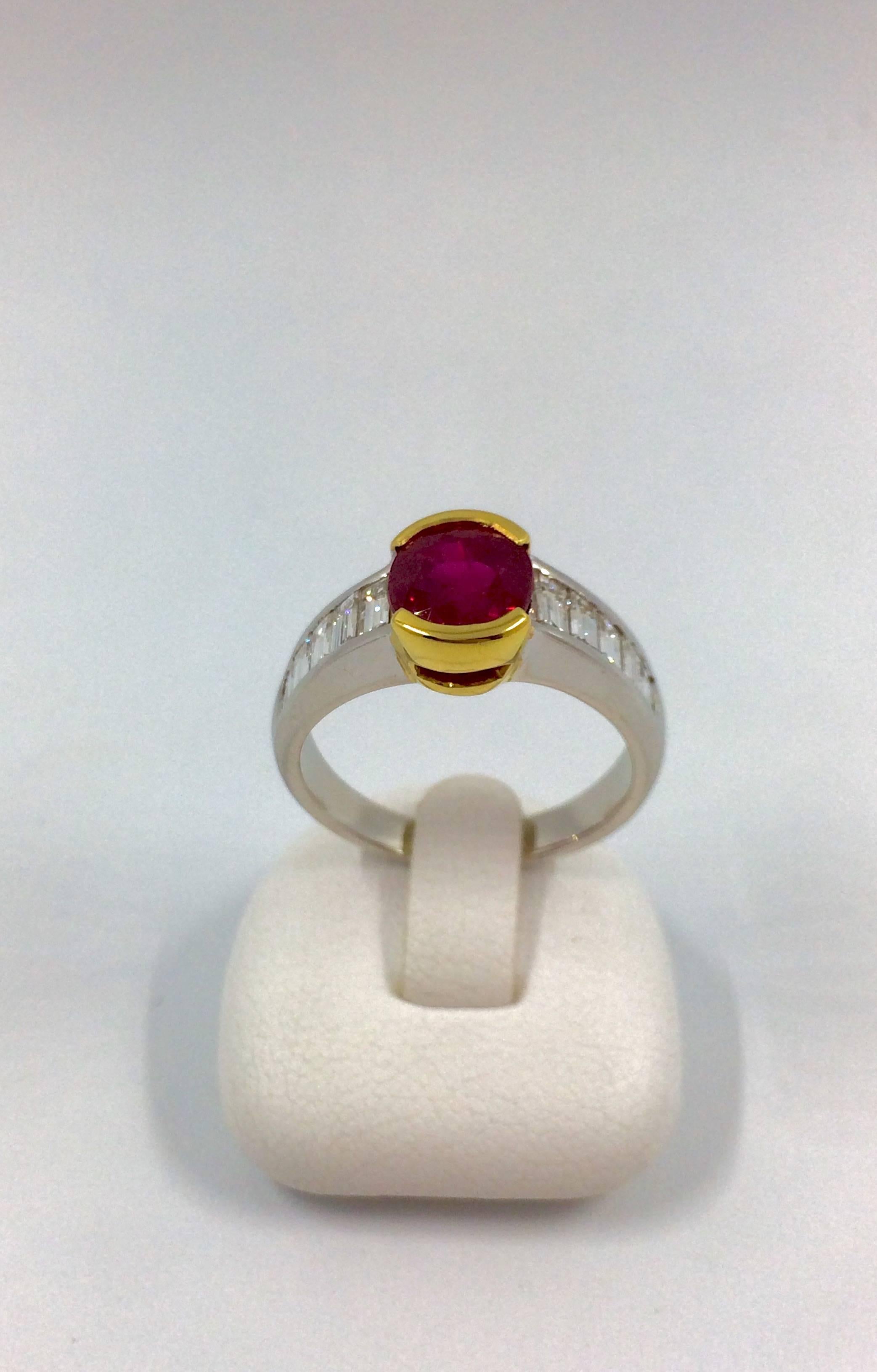 2.42 Carat Burma Ruby Diamond Two-Color Gold Ring For Sale 2