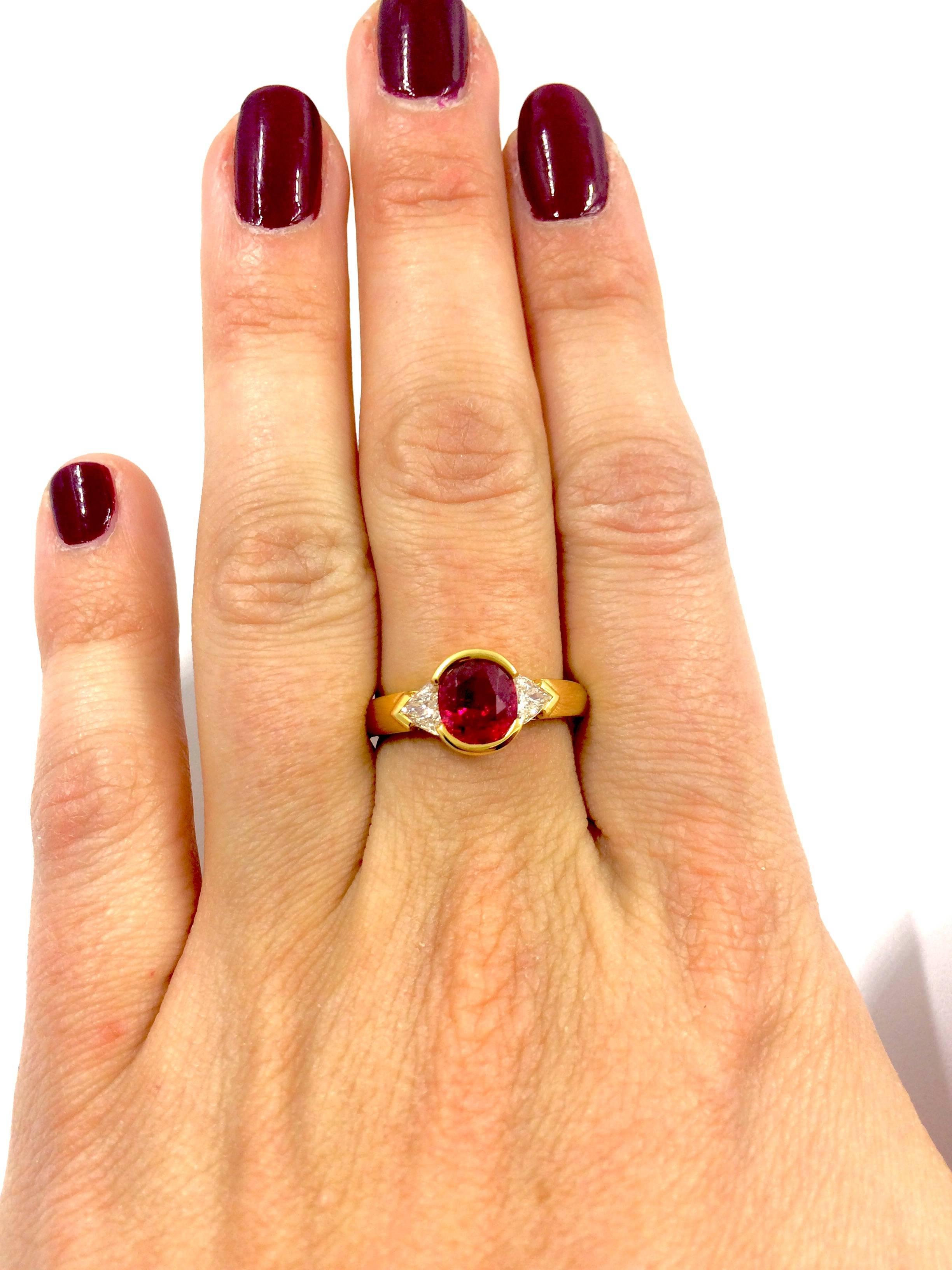 Trillion Cut Burma Ruby Diamond Gold Ring For Sale