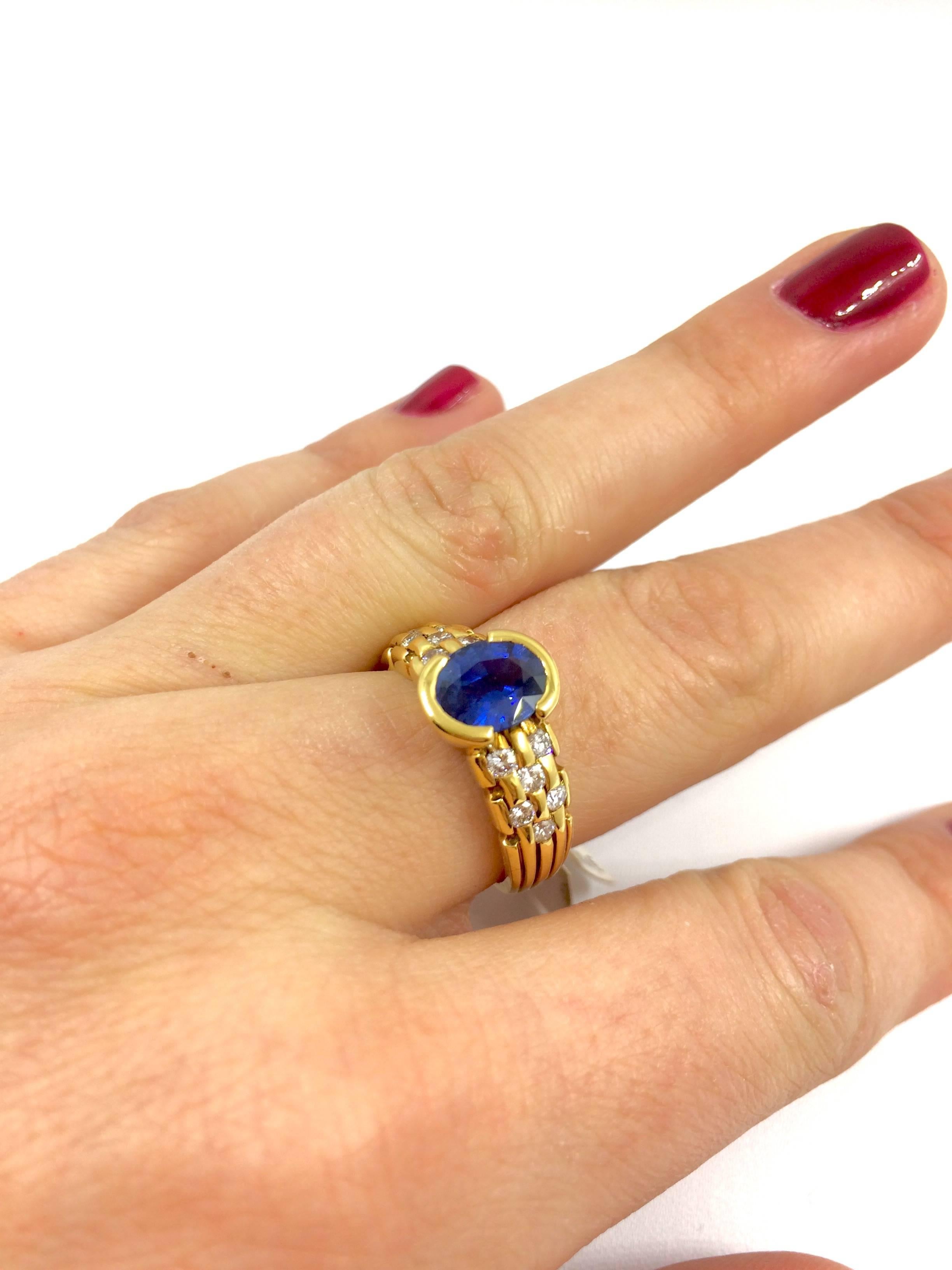 A yellow gold ring set in the middle with a blue Ceylon sapphire surrounded by 12 brilliant cut diamonds.
Sapphire Weight: 1.63 carat
Total Diamonds Weight: 0.42 carat
Net Weight: 6.50 grams
Finger Size: 6.5 (can be sized)