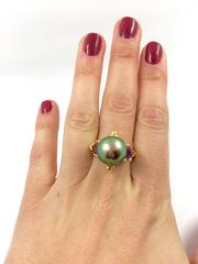 G. Minner Tahitian Pearl Pink Tourmaline Diamond gold Ring