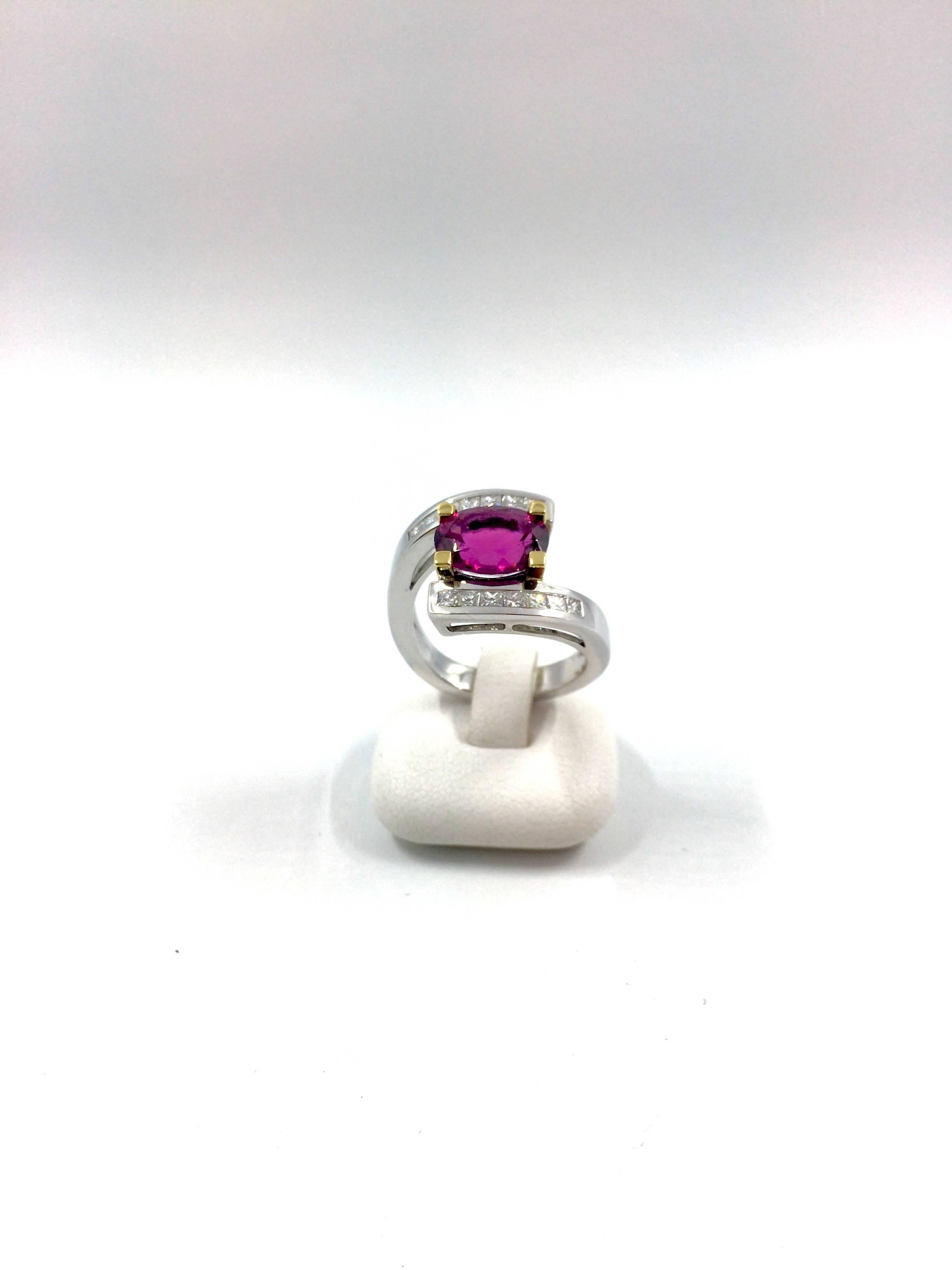 Princess Cut Pink Tourmaline Diamonds White and Yellow Gold Ring For Sale