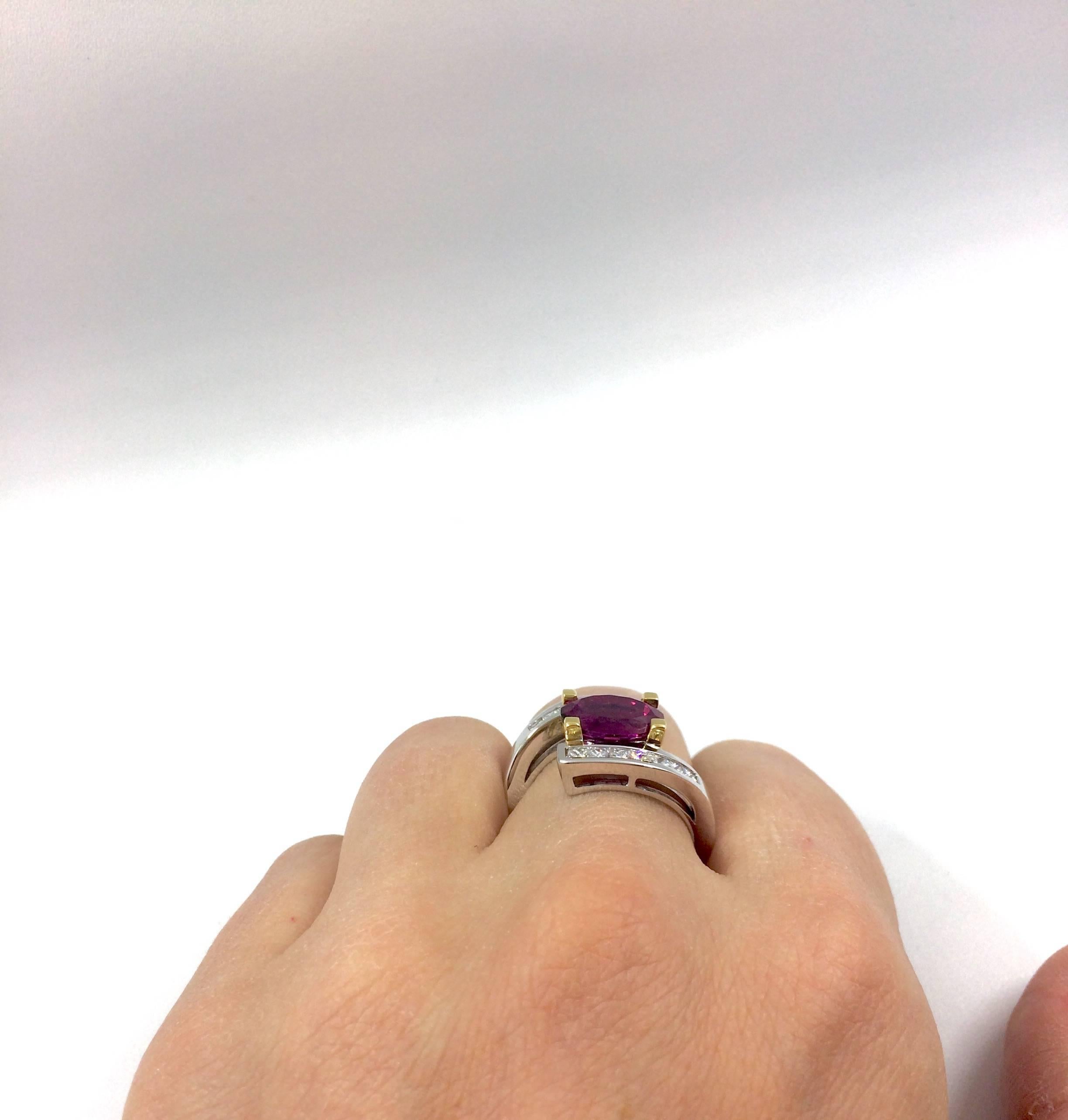 Pink Tourmaline Diamonds White and Yellow Gold Ring For Sale 2