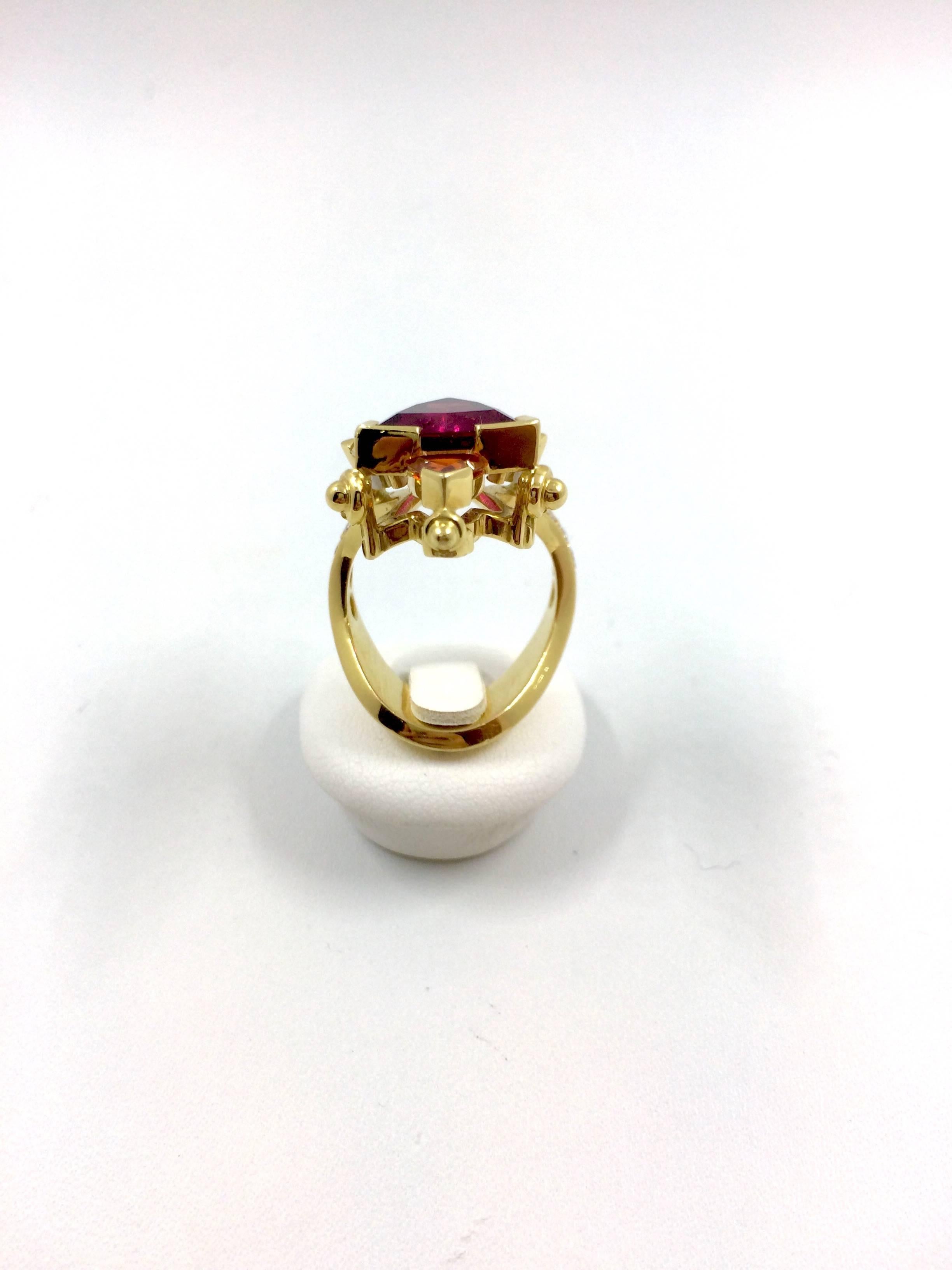 G. Minner Rubelite Mandarin Garnet Diamonds Gold Ring For Sale 1
