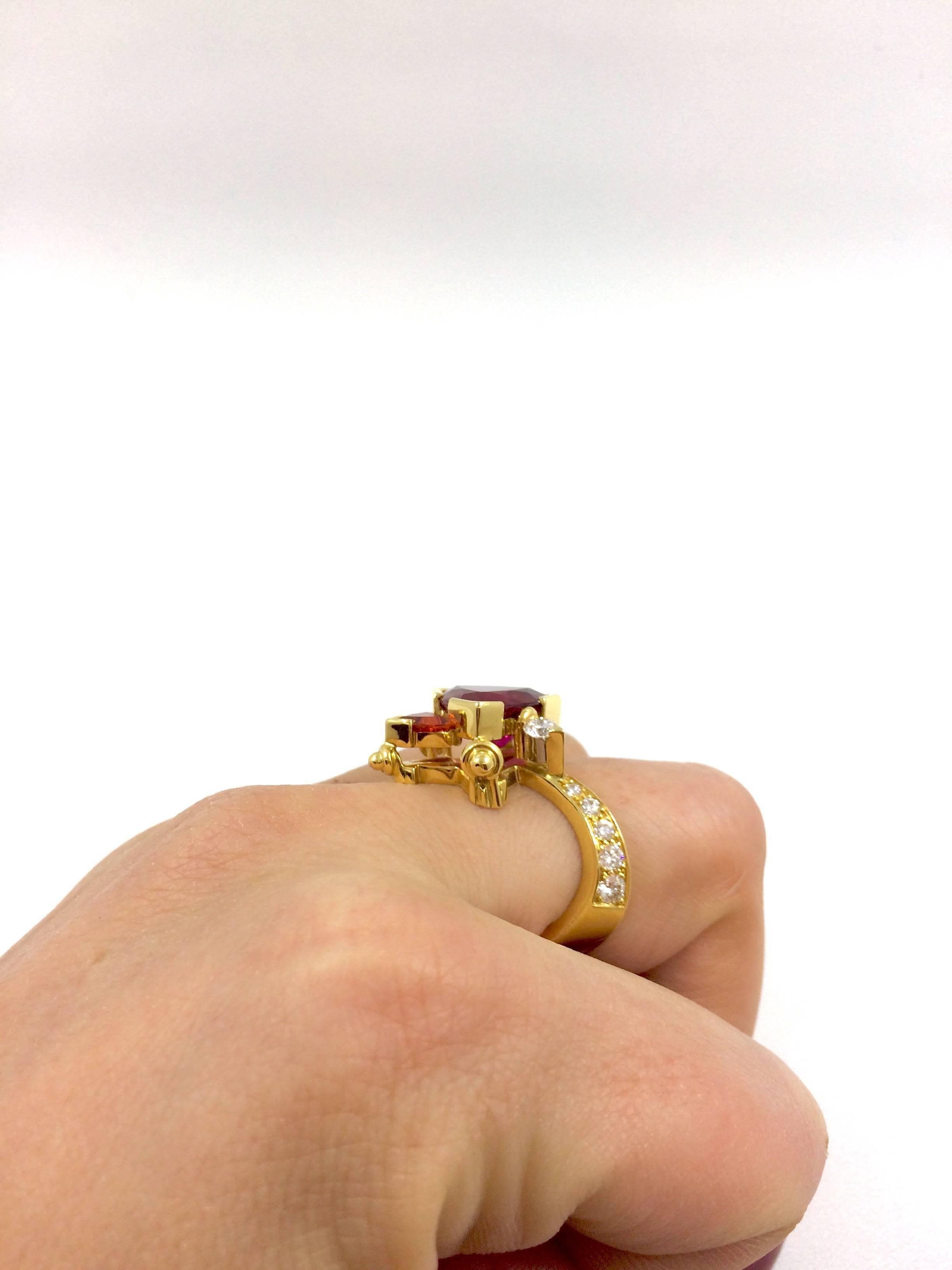 G. Minner Rubelite Mandarin Garnet Diamonds Gold Ring For Sale 2