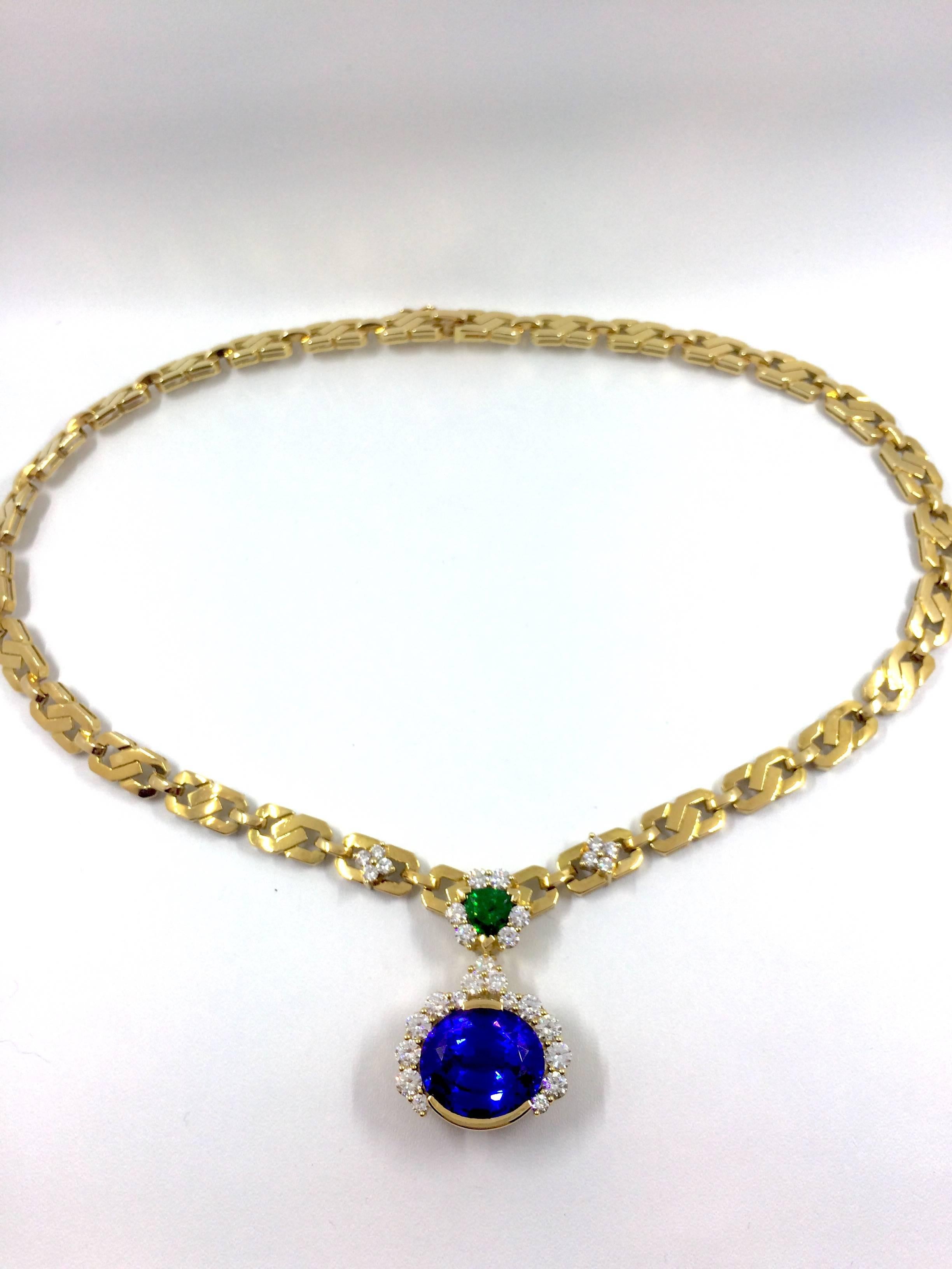 Women's Unique Tanzanite Tsavorite Diamond Yellow Gold Necklace For Sale