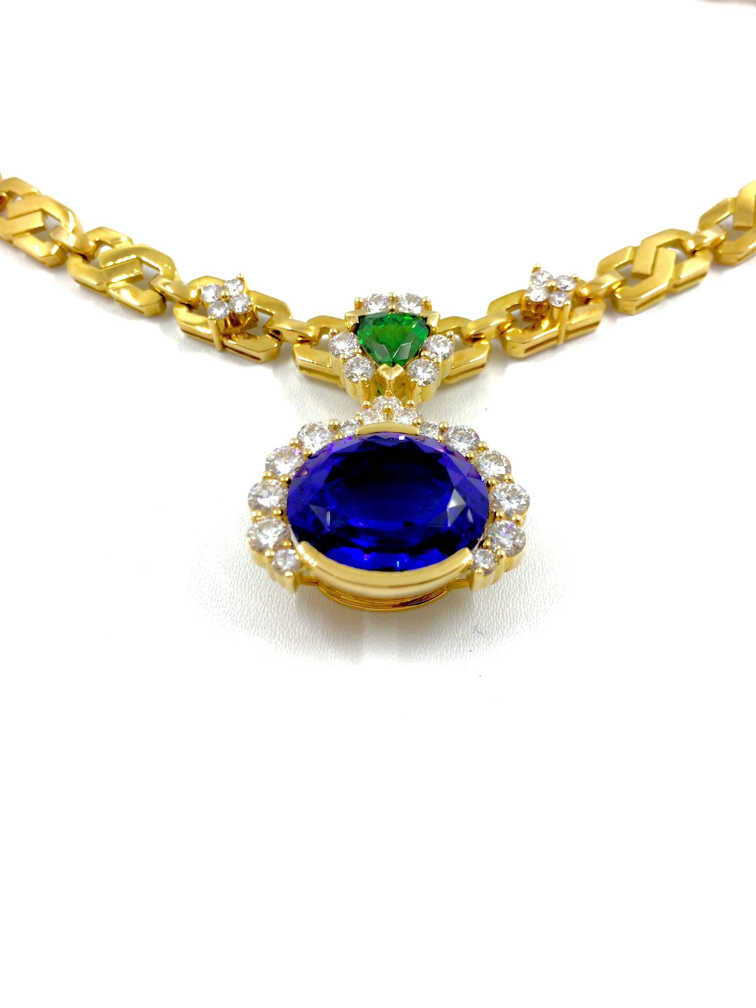 Unique Tanzanite Tsavorite Diamond Yellow Gold Necklace For Sale 1