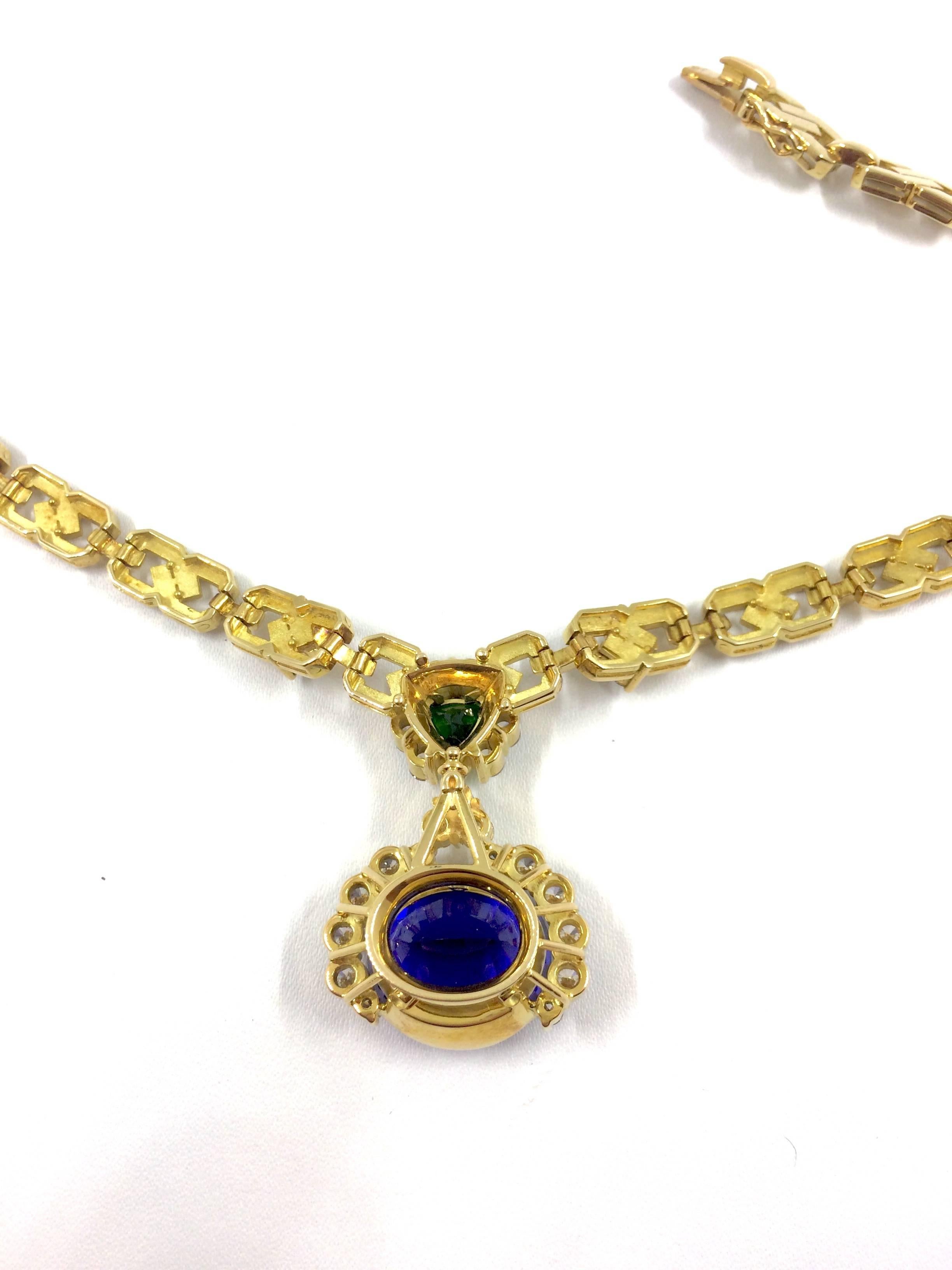Unique Tanzanite Tsavorite Diamond Yellow Gold Necklace For Sale 2