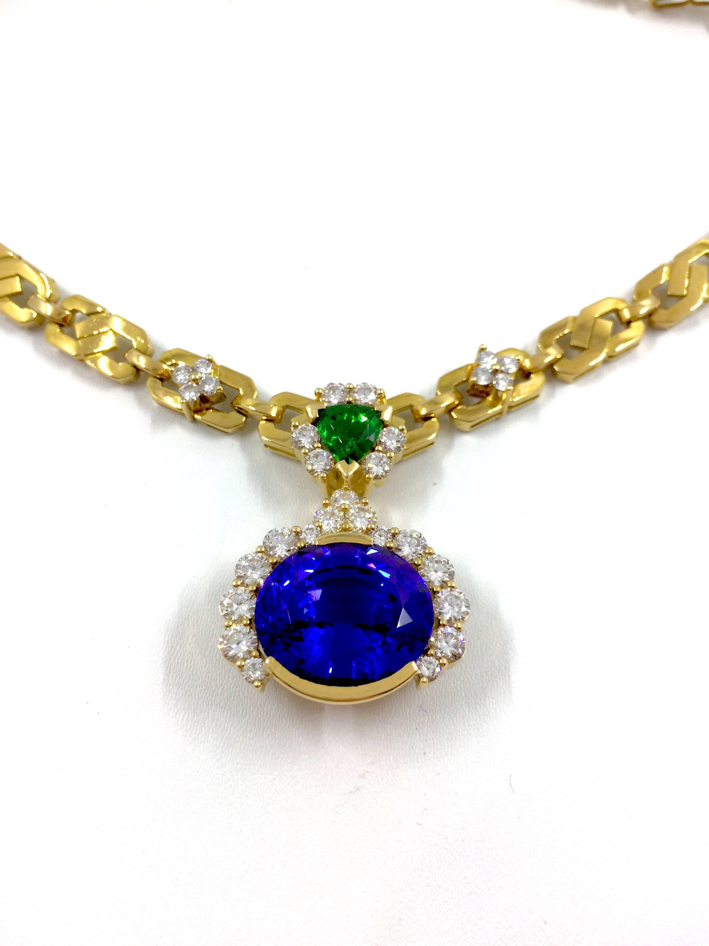 Unique Tanzanite Tsavorite Diamond Yellow Gold Necklace For Sale 3