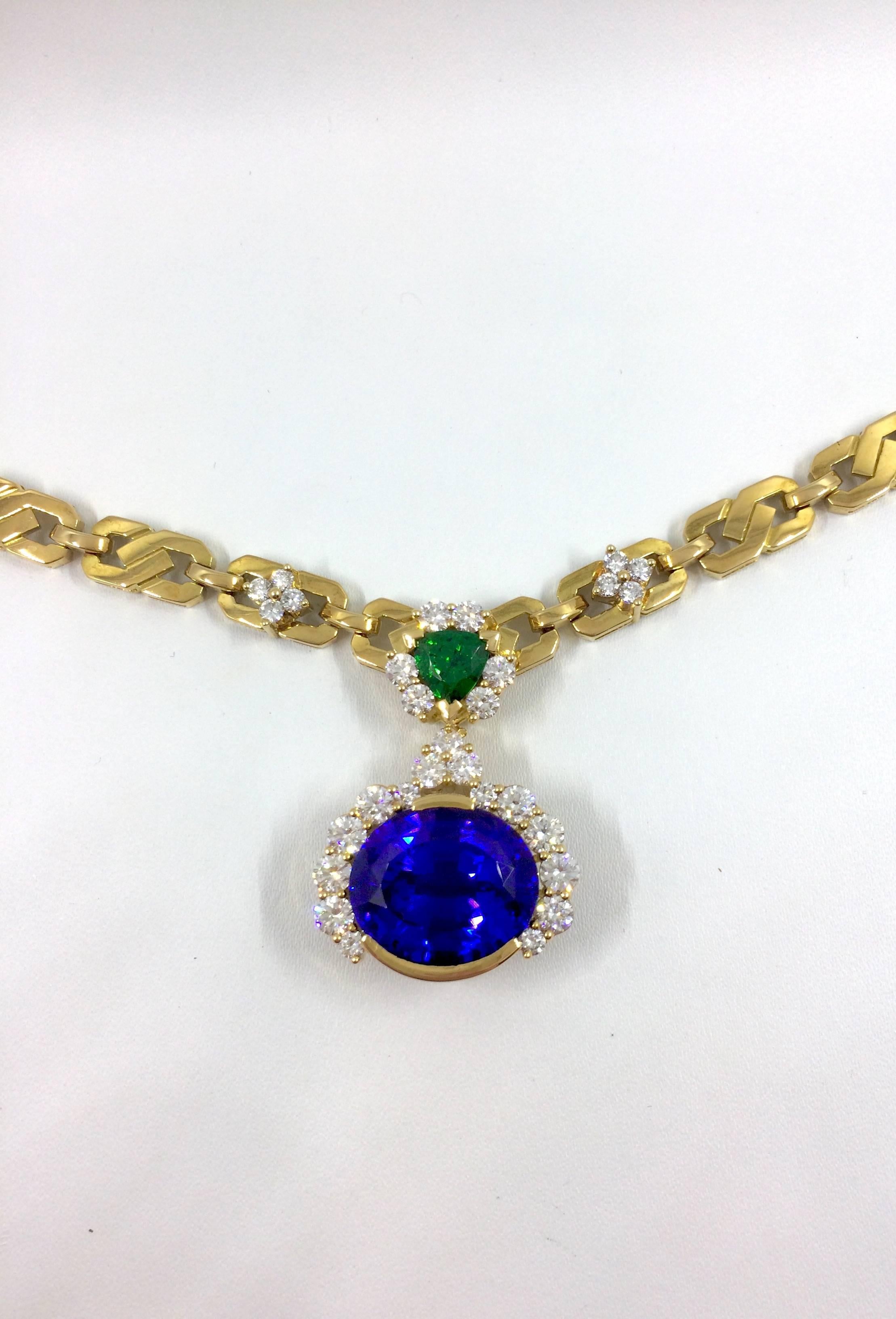 Unique Tanzanite Tsavorite Diamond Yellow Gold Necklace For Sale 4