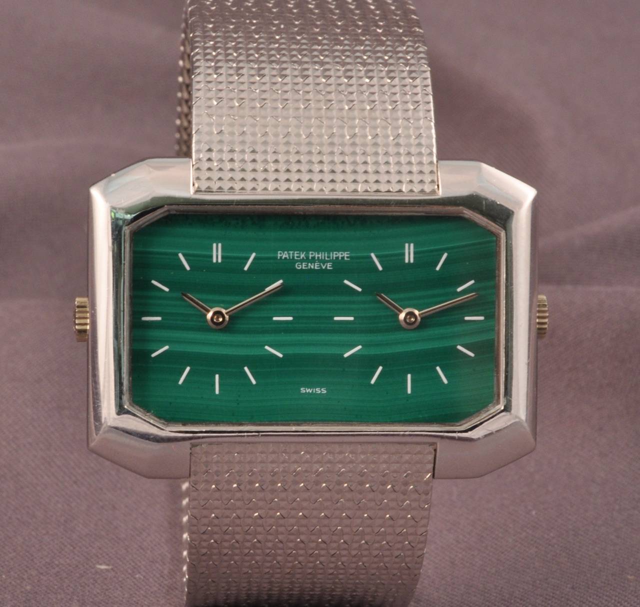 Men's Patek Philippe White Gold Dual Time Malachite Dial Manual Wind Wristwatch For Sale