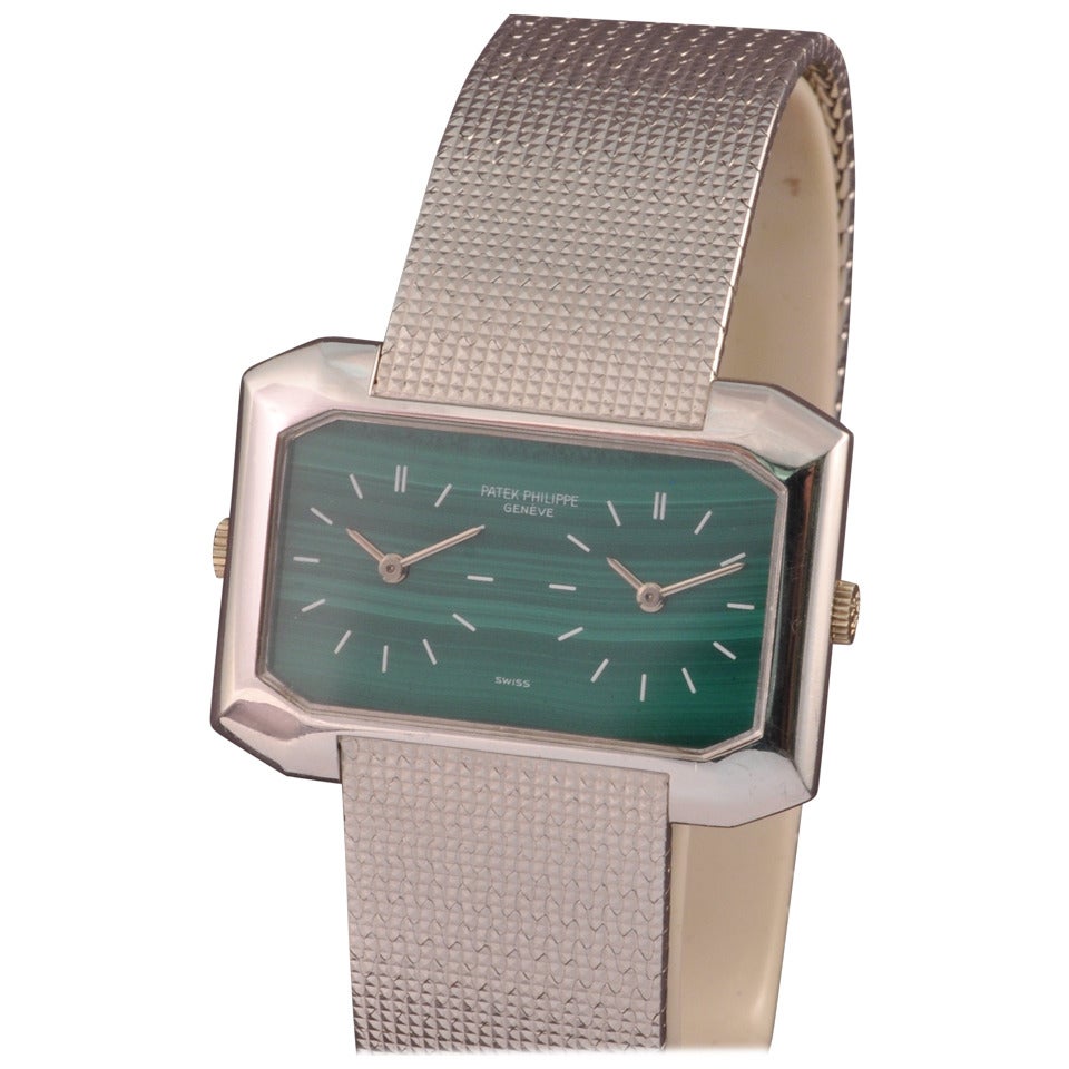 Patek Philippe White Gold Dual Time Malachite Dial Manual Wind Wristwatch For Sale