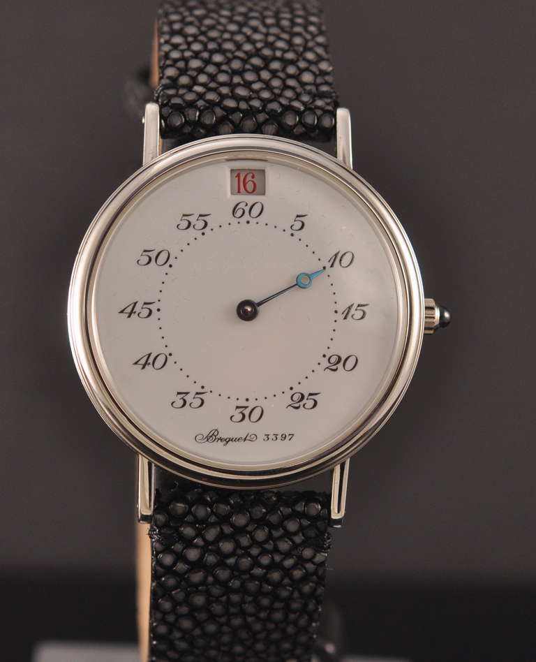 Breguet Platinum jump hour wristwatch with enamel dial, circa 2000s, self-winding movement.