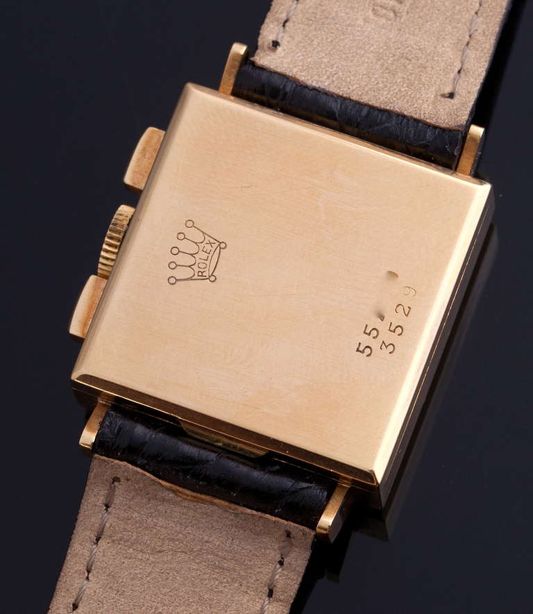 Rolex rare 18k rose gold square chronograph wristwatch, Ref. 3529, circa 1938, retailed by Verga, manual-wind movement.