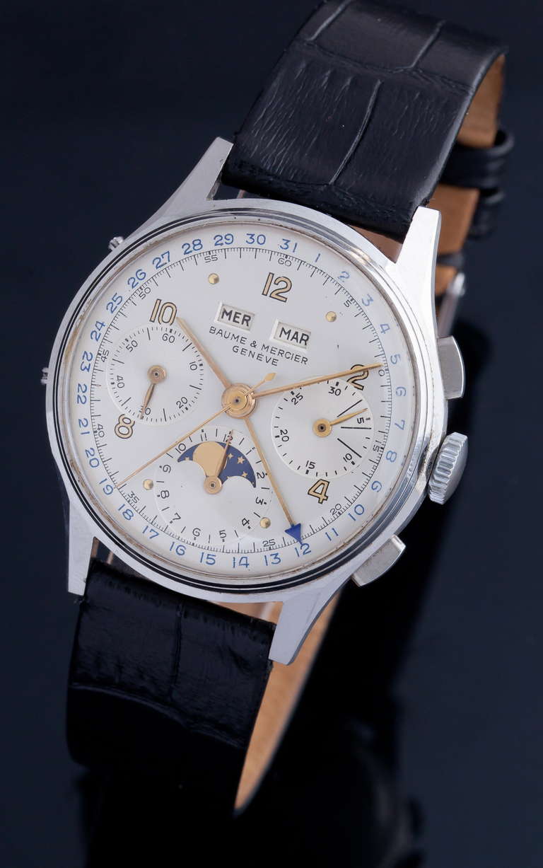 Baume & Mercier stainless steel triple-calendar moonphase wristwatch, circa 1940s.