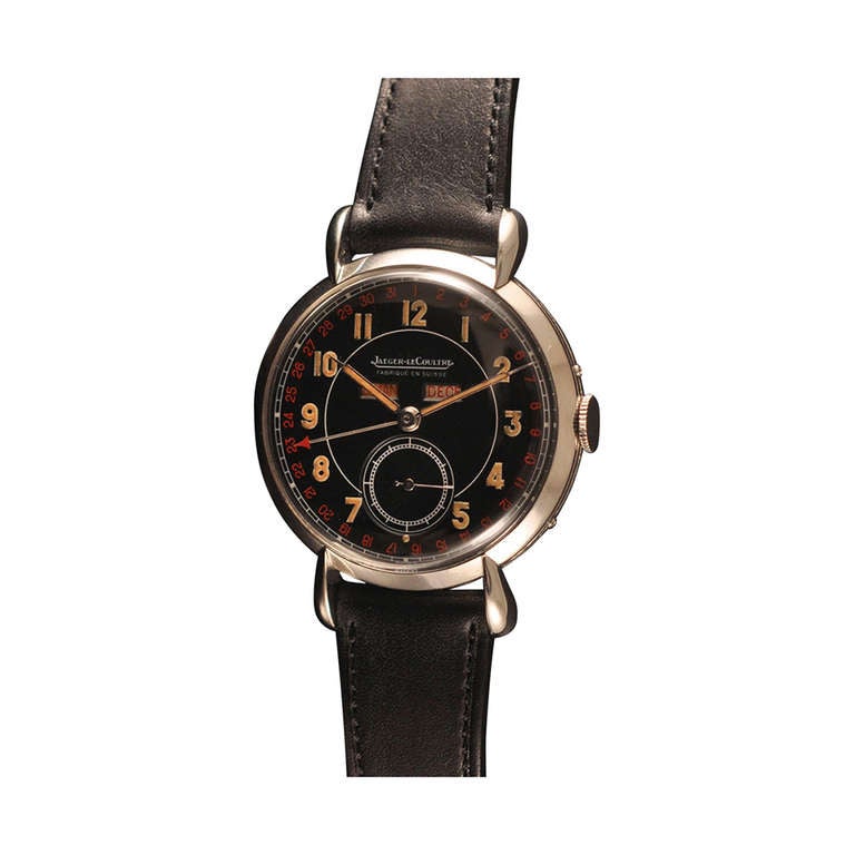 Jaeger-LeCoultre Stainless Steel Triple Calendar Wristwatch with Black Dial For Sale