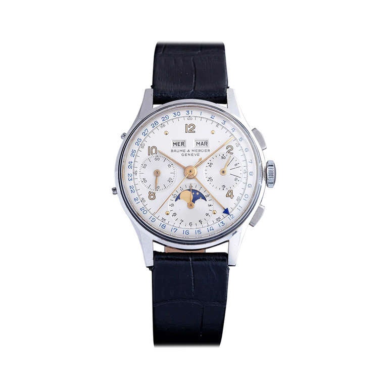 Baume & Mercier Stainless Steel Triple-Calendar Moonphase Wristwatch circa 1940s For Sale