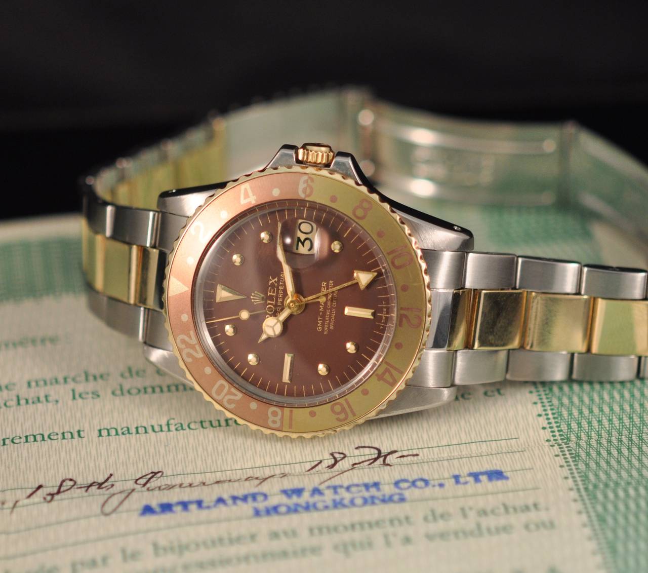 Women's or Men's Rolex Yellow Gold Stainless Steel GMT Master Chocolate Dial Wristwatch Ref. 1675