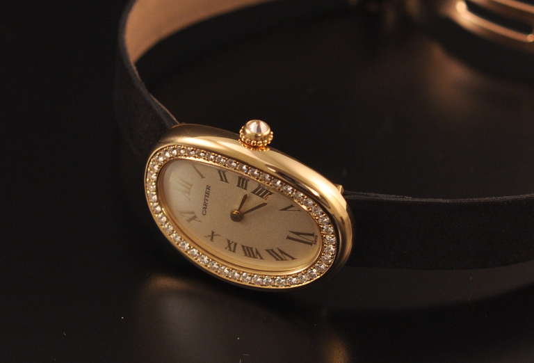 Women's Cartier Lady's Yellow Gold and Diamond Baignoire Wristwatch circa 1998