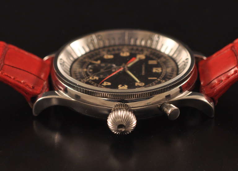 Longines stainless steel manual-wind pilot's Chronostop wristwatch with original black dial, circa 1940s.