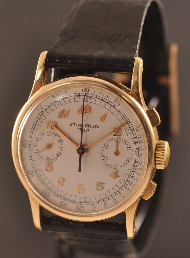 Patek Philippe 18k yellow gold chronograph wristwatch with Breguet numerals, Ref. 130, circa 1945. Manual-wind movement. With Extract from the Archives.