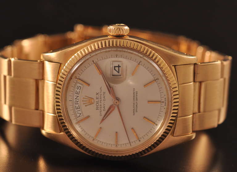 Rolex 18k rose gold Day-Dare wristwatch, Ref 6611B, circa 1950s, self winding movement, 18k rose gold bracelet.